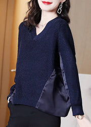 Style Navy Asymmetrischer Patchwork-Strickpullover Winter