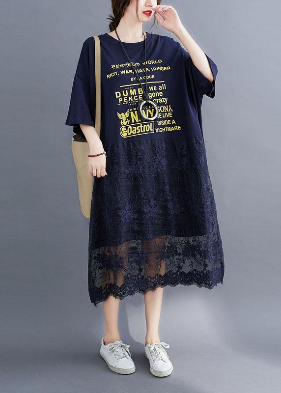 Style Navy Loose Patchwork Lace Summer Half Sleeve Maxi Dresses - bagstylebliss