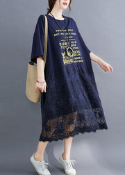 Style Navy Loose Patchwork Lace Summer Half Sleeve Maxi Dresses - bagstylebliss