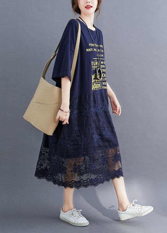 Style Navy Loose Patchwork Lace Summer Half Sleeve Maxi Dresses - bagstylebliss