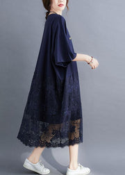 Style Navy Loose Patchwork Lace Summer Half Sleeve Maxi Dresses - bagstylebliss