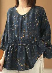 Style Navy O-Neck Wrinkled Print Linen Loose Shirt Tops Batwing Sleeve