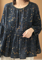 Style Navy O-Neck Wrinkled Print Linen Loose Shirt Tops Batwing Sleeve