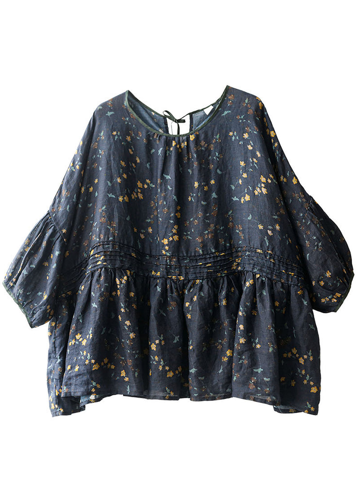 Style Navy O-Neck Knitted Print Leinen Loose Shirt Tops Fledermausärmel