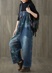 Style Navy Patchwork Print Denim Wide Leg Jumpsuit Spring