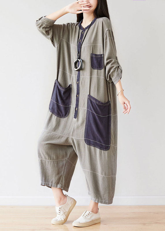 Style O-Neck Grey Pockets Patchwork Jumpsuits Spring