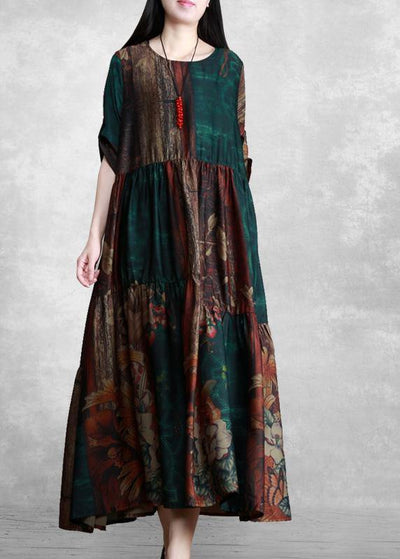 Luxy Green Print Silk Summer Dresses Loose Caftan - bagstylebliss