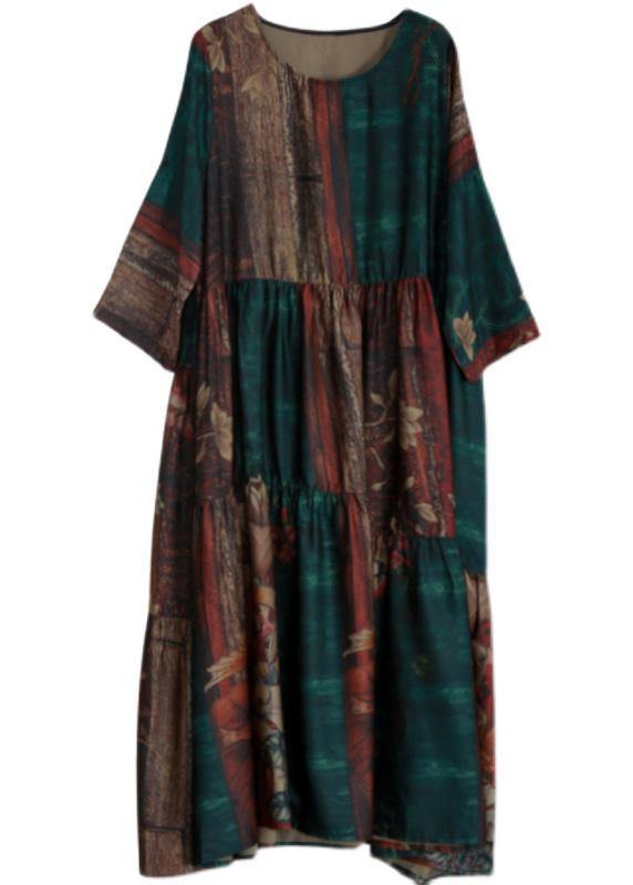 Luxy Green Print Silk Summer Dresses Loose Caftan - bagstylebliss