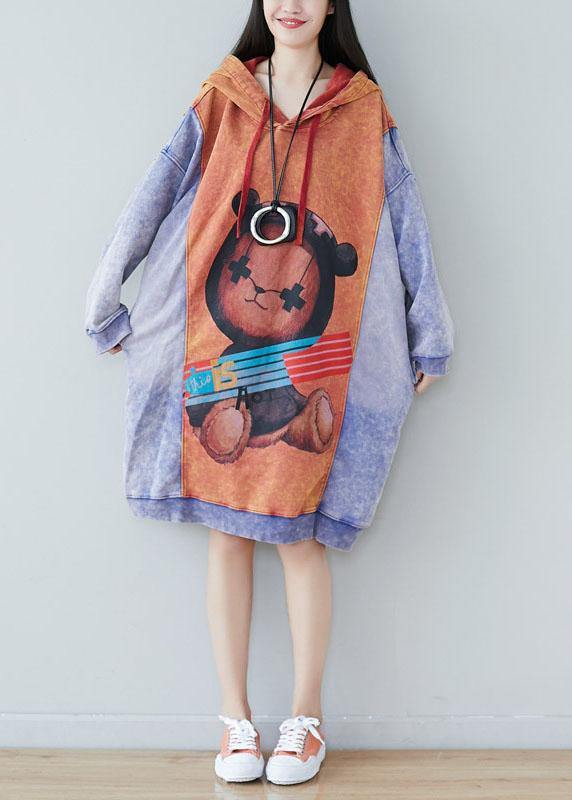 Style Orange Hooded Print Drawstring Fall Sweatshirts Dress - bagstylebliss