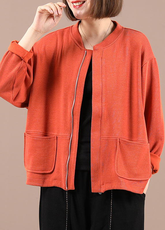 Style Orange Loose Pockets Fall Jackets Long Sleeve