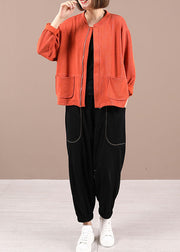 Style Orange Loose Pockets Fall Jackets Long Sleeve