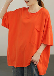 Style Orange O-Neck Pockets Cotton Tops Summer - bagstylebliss