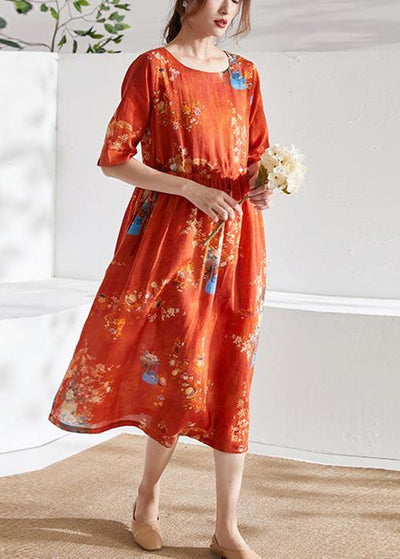 Style Orange Print O-Neck tie Waist Summer Ramie Party Dress Half Sleeve - bagstylebliss