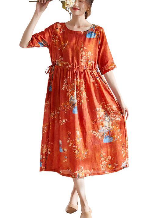 Style Orange Print O-Neck tie Waist Summer Ramie Party Dress Half Sleeve - bagstylebliss