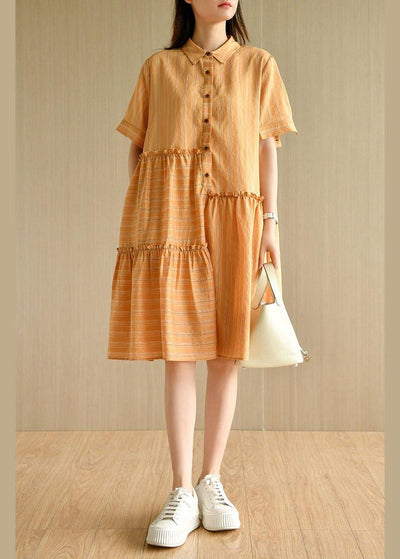 Style Orange Striped Button Asymmetrical Design Ruffled Summer Vacation Dress - bagstylebliss