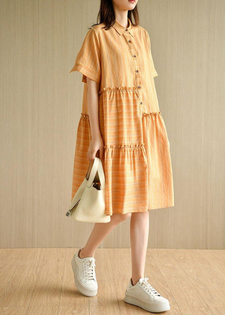 Style Orange Striped Button Asymmetrical Design Ruffled Summer Vacation Dress - bagstylebliss