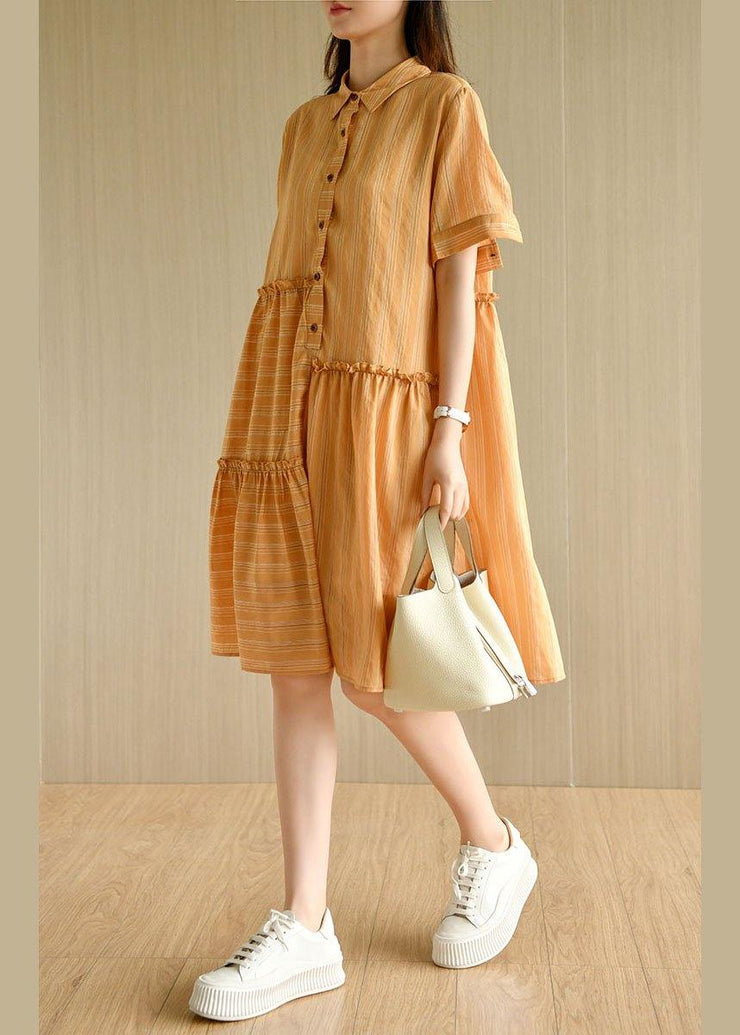 Style Orange Striped Button Asymmetrical Design Ruffled Summer Vacation Dress - bagstylebliss