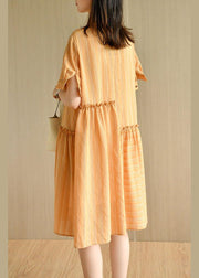 Style Orange Striped Button Asymmetrical Design Ruffled Summer Vacation Dress - bagstylebliss