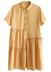 Style Orange Striped Button Asymmetrical Design Ruffled Summer Vacation Dress - bagstylebliss