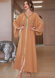 Style Orange V Neck Zircon Patchwork Tie Waist Chiffon Maxi Dress Fall