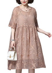 Style Pink O-Neck embroidery Wrinkled Lace Dress Two Piece Set Short Sleeve