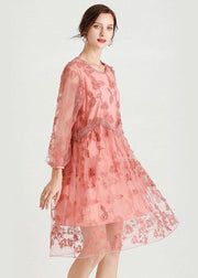 Style Pink Patchwork Embroideried Fall Lace Vacation Dress Long Sleeve - bagstylebliss