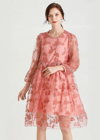 Style Pink Patchwork Embroideried Fall Lace Vacation Dress Long Sleeve - bagstylebliss