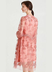 Style Pink Patchwork Embroideried Fall Lace Vacation Dress Long Sleeve - bagstylebliss