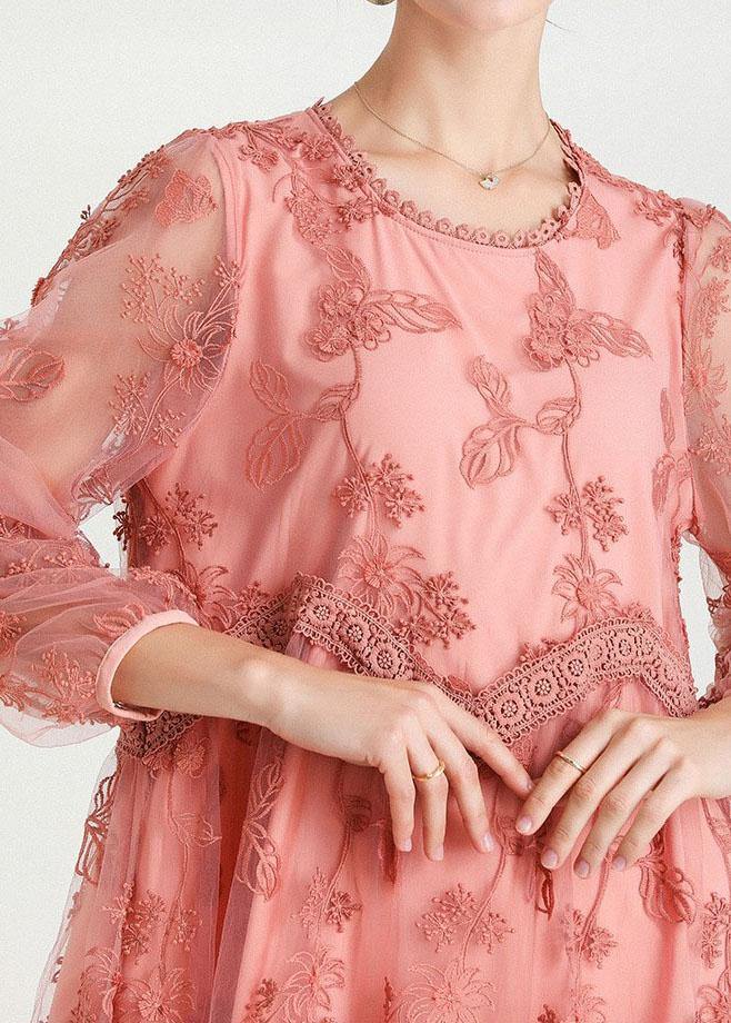 Style Pink Patchwork Embroideried Fall Lace Vacation Dress Long Sleeve - bagstylebliss