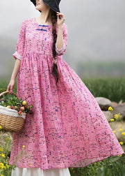 Style Pink Print Dresses O Neck Chinese Button Traveling Spring Dresses - bagstylebliss