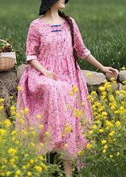 Style Pink Print Dresses O Neck Chinese Button Traveling Spring Dresses - bagstylebliss