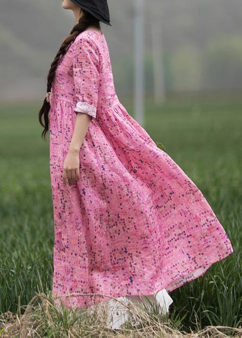 Style Pink Print Dresses O Neck Chinese Button Traveling Spring Dresses - bagstylebliss