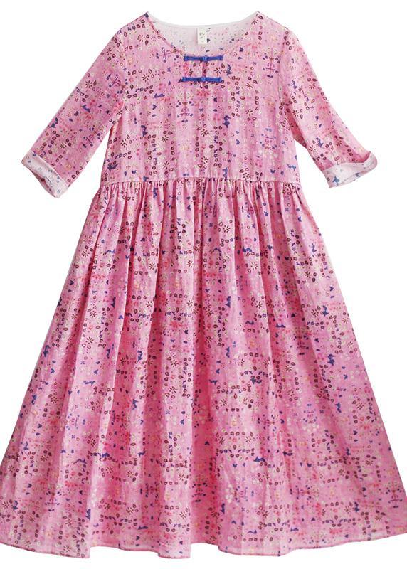 Style Pink Print Dresses O Neck Chinese Button Traveling Spring Dresses - bagstylebliss