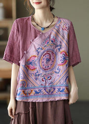 Style Pink Print Side Open tie Summer Linen Blouses Half Sleeve - bagstylebliss