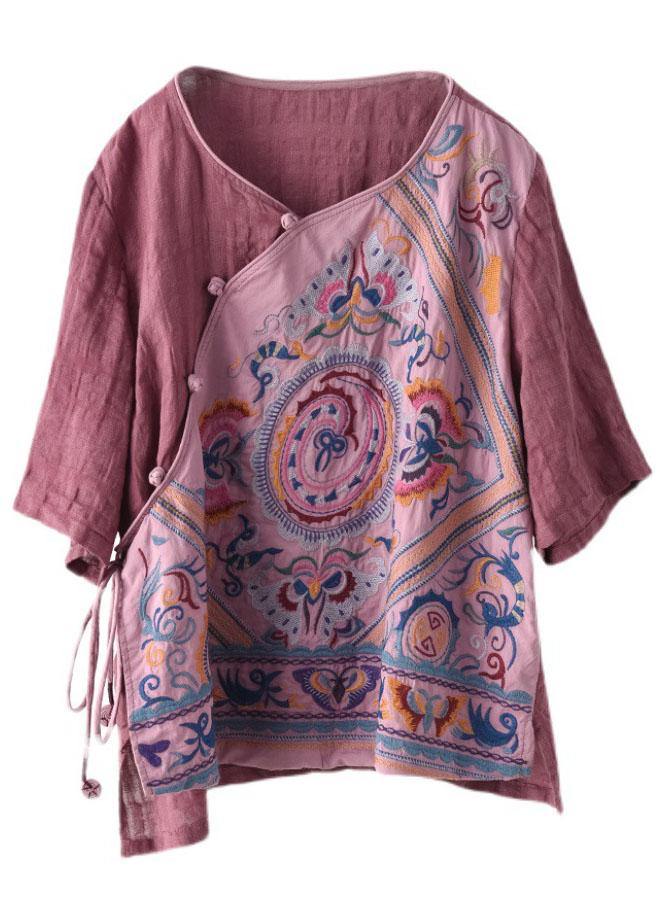 Style Pink Print Side Open tie Summer Linen Blouses Half Sleeve - bagstylebliss