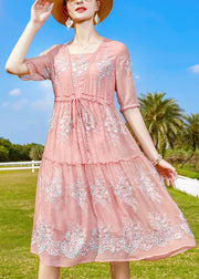 Style Pink Ruffled Embroideried Tie Waist Silk Dress Short Sleeve