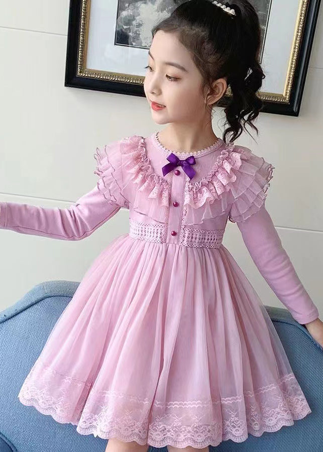 Style Pink Ruffled Lace Patchwork Warm Fleece Kids Girls Dresses Winter