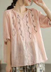 Style Pink V Neck Lace Patchwork Linen Top Summer