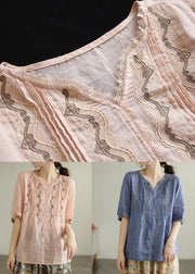 Style Pink V Neck Lace Patchwork Linen Top Summer