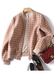 Style Pink Zip Up Plaid Woolen Coat Winter