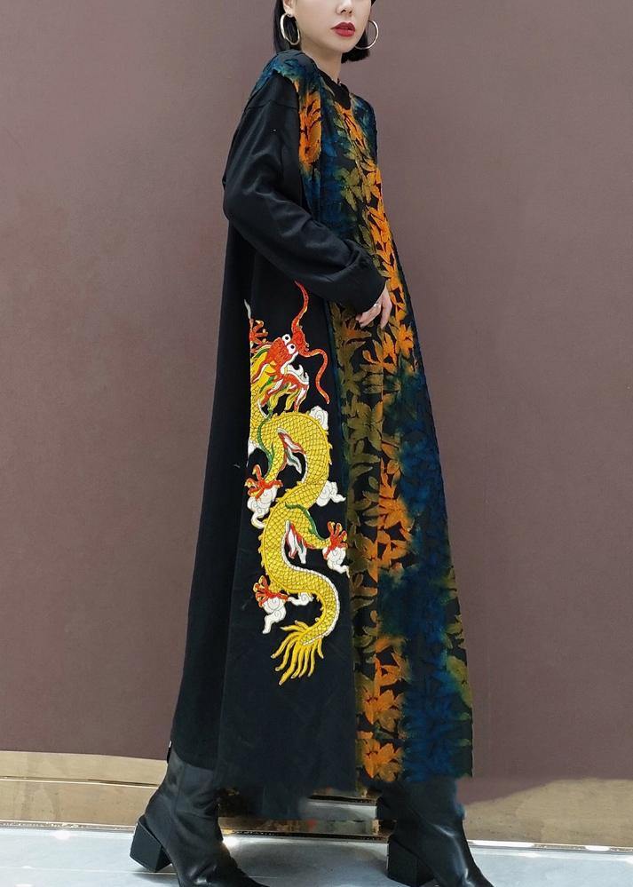 Style Plaid Tunic O Neck Dragon Design Robes Spring Dresses - bagstylebliss