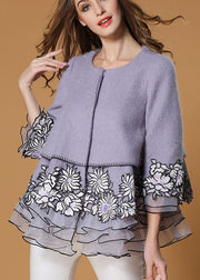 Style Purple Embroideried Tulle Patchwork Fall Woolen Coats