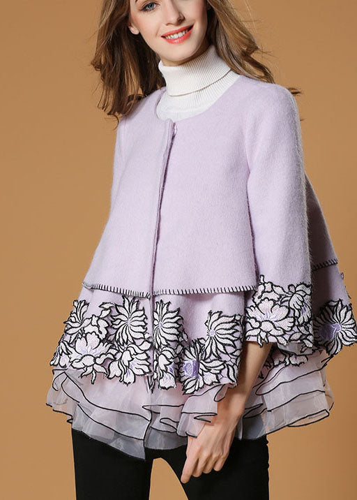 Style Purple Embroideried Tulle Patchwork Fall Woolen Coats