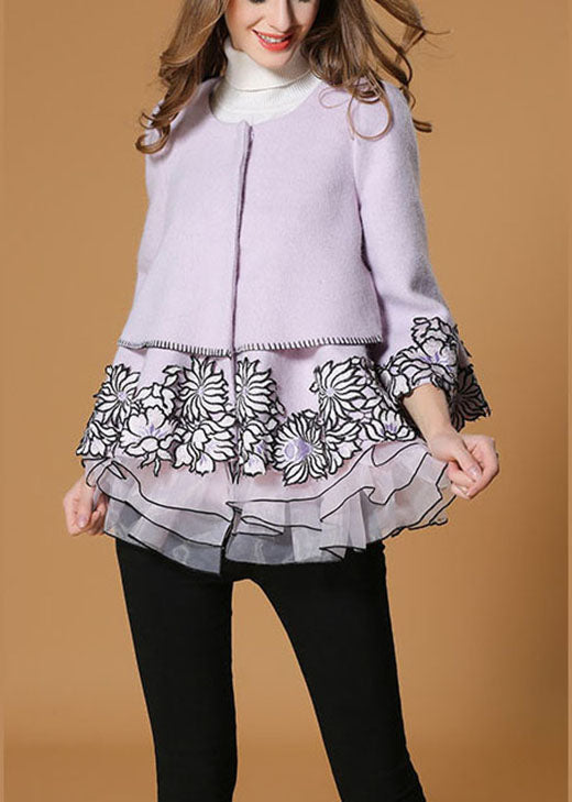 Style Purple Embroideried Tulle Patchwork Fall Woolen Coats