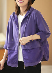 Style Purple Hooded Drawstring Patchwork Fall Coat Long Sleeve