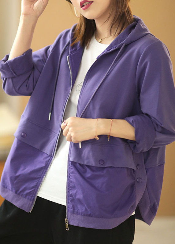 Style Purple Hooded Drawstring Patchwork Fall Coat Long Sleeve