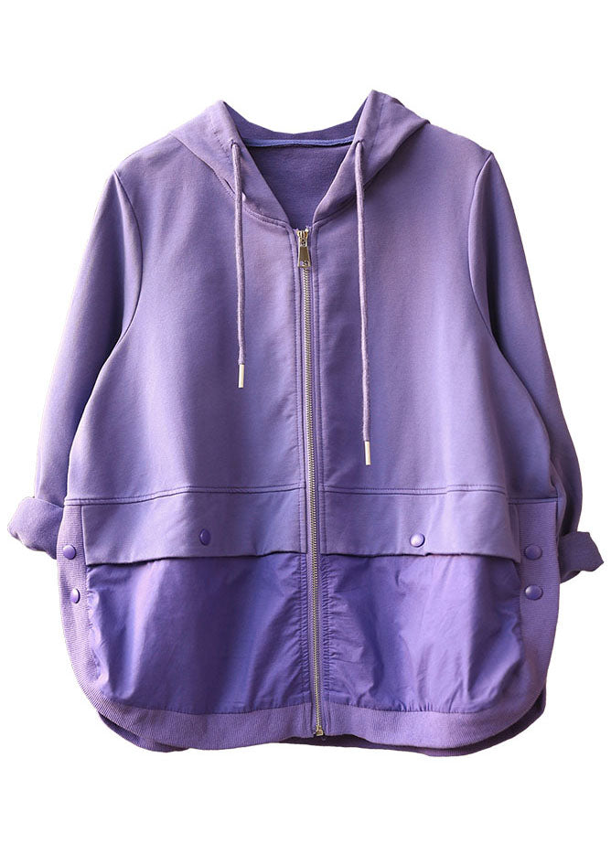 Style Purple Hooded Drawstring Patchwork Fall Coat Long Sleeve