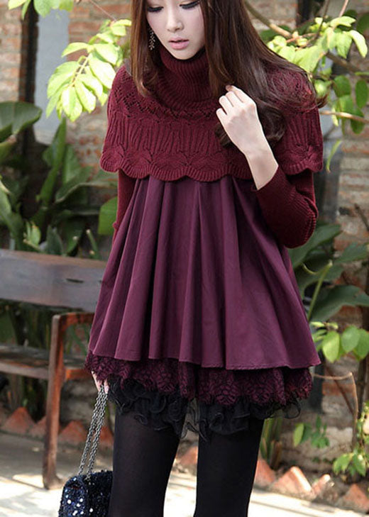 Style Purple Knit Patchwork Lace Winter Knit Dress