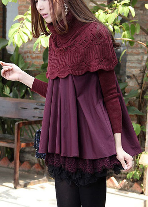 Style Purple Knit Patchwork Lace Winter Knit Dress