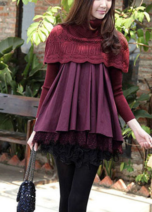 Style Purple Knit Patchwork Lace Winter Knit Dress